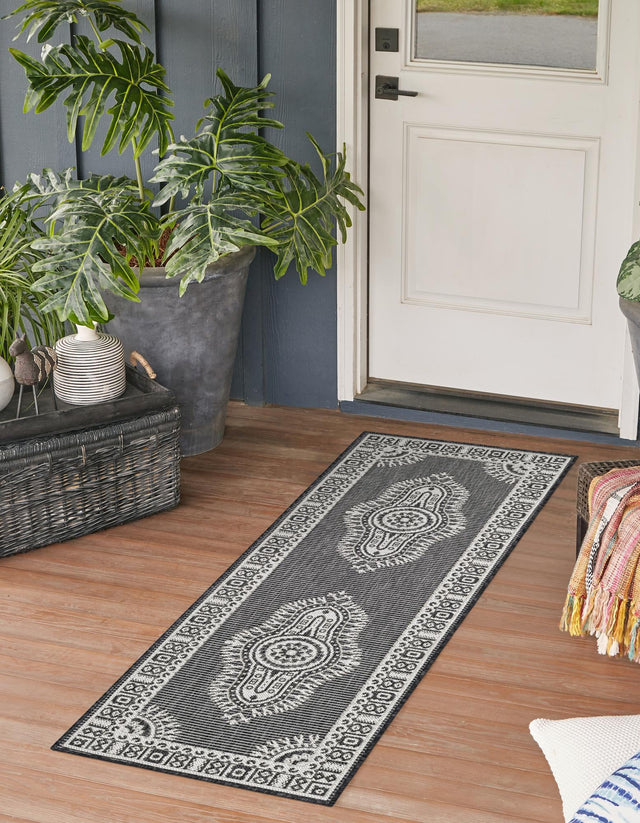 Black and White 2' x 8' Outdoor Traditional Runner Area Rug Weather Resistant for Patio, Deck, Terrace, Balcony, Porch Classical Design Outside Carpet for Sale at Rug Engine