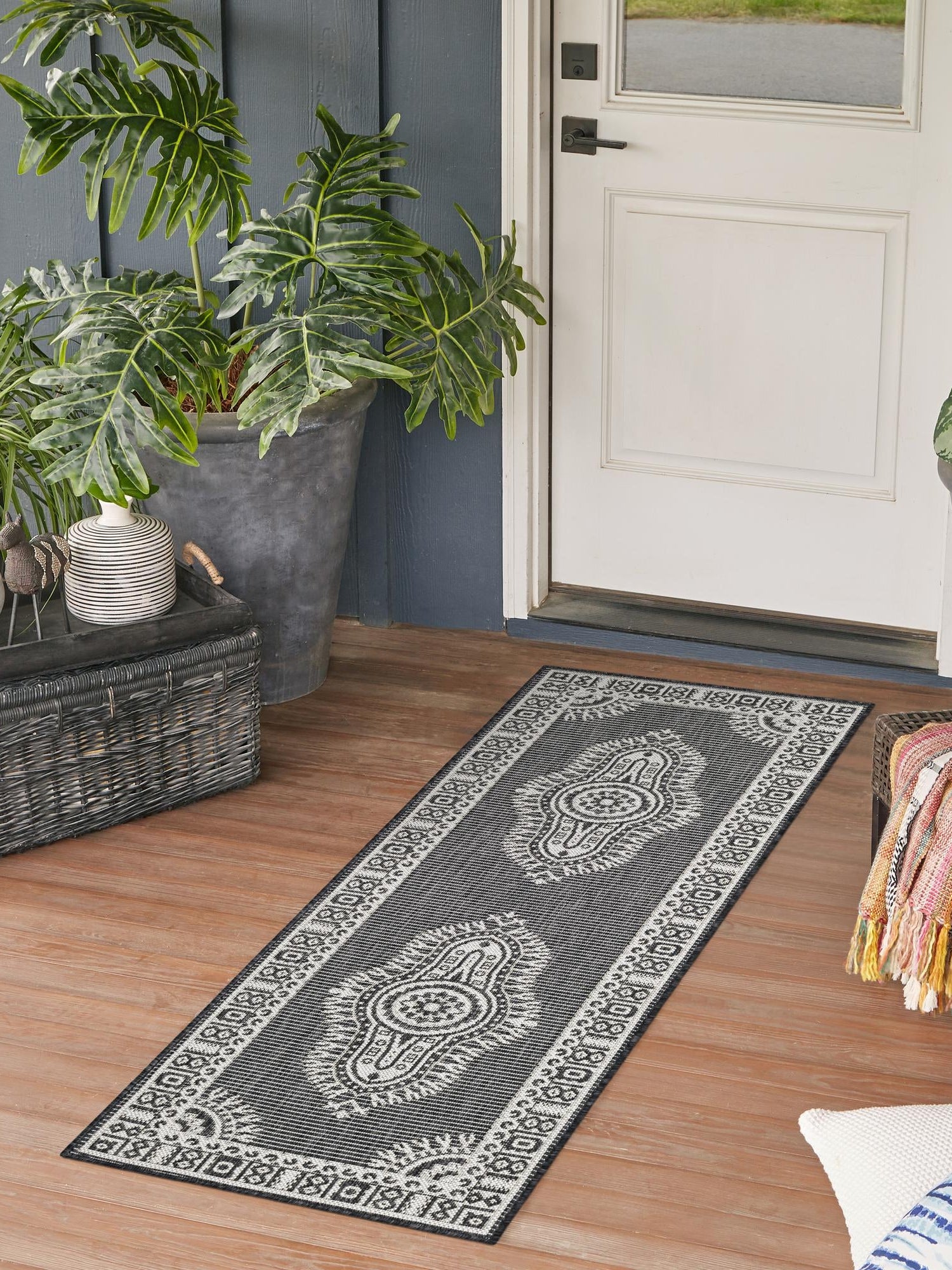Black and White 2' 7 x 12' Outdoor Traditional Runner Area Rug Weather Resistant for Patio, Deck, Terrace, Balcony, Porch Classical Design Outside Carpet for Sale at Rug Engine