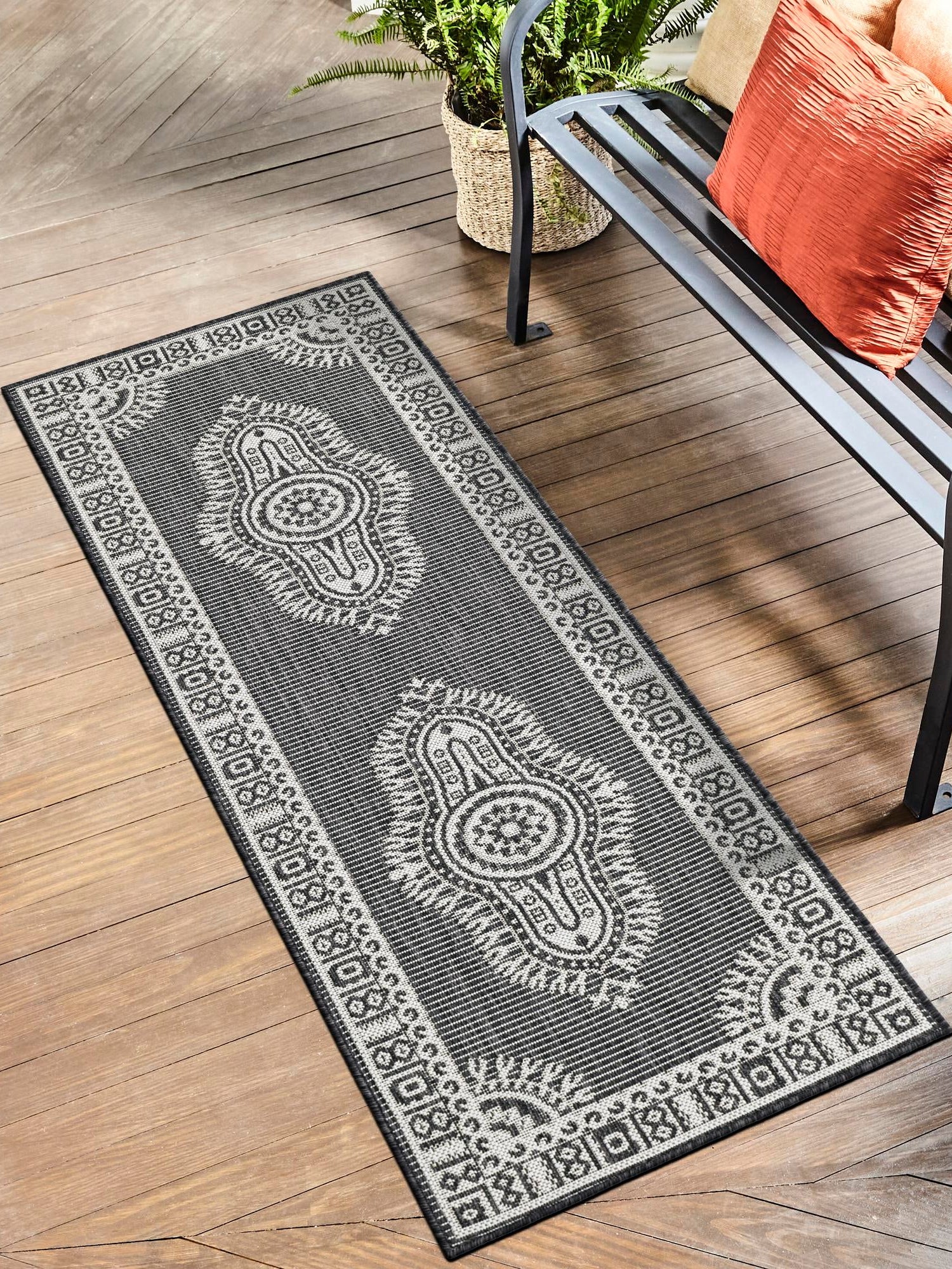 Black and White 2' x 5' 3 Outdoor Traditional Runner Area Rug Weather Resistant for Patio, Deck, Terrace, Balcony, Porch Classical Design Outside Carpet for Sale at Rug Engine