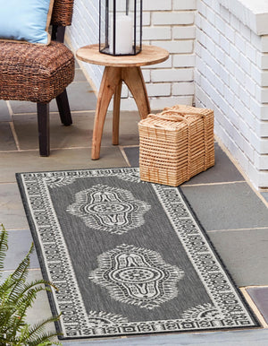 Black and White 2' x 6' 1 Outdoor Traditional Runner Area Rug Weather Resistant for Patio, Deck, Terrace, Balcony, Porch Classical Design Outside Carpet for Sale at Rug Engine