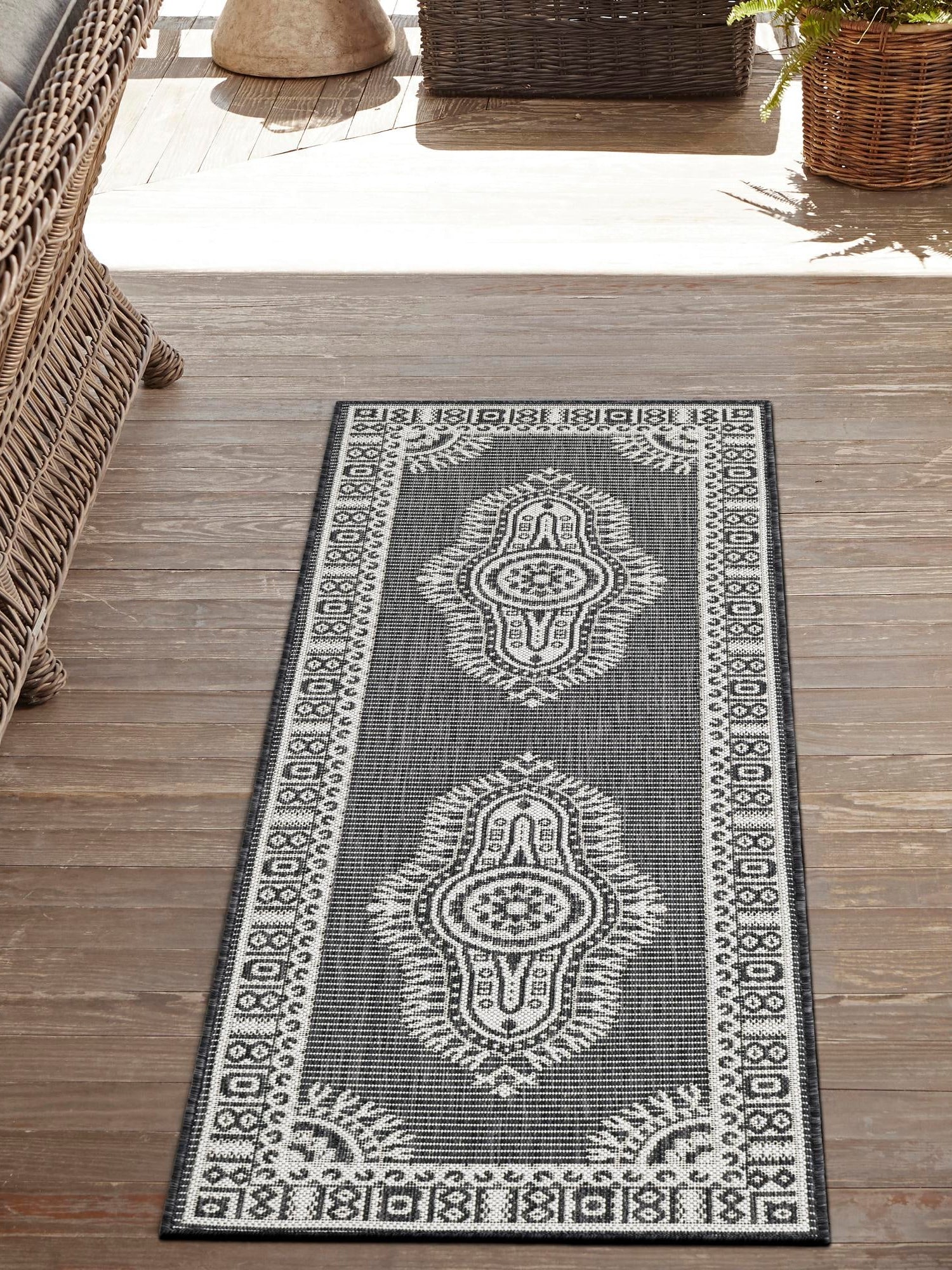 Black and White 2' 7 x 12' Outdoor Traditional Runner Area Rug Weather Resistant for Patio, Deck, Terrace, Balcony, Porch Classical Design Outside Carpet for Sale at Rug Engine