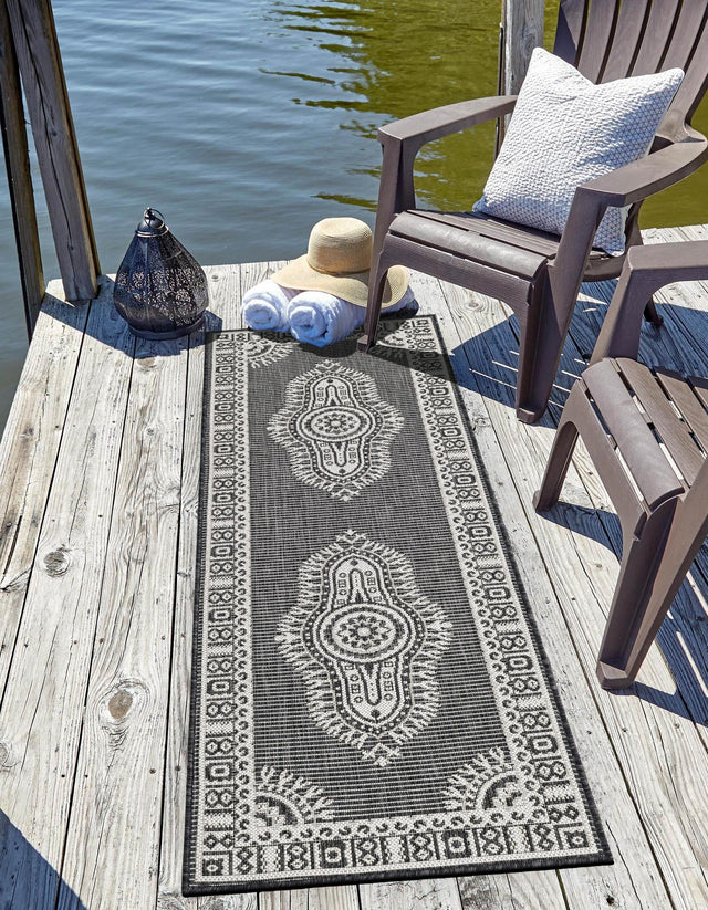 Black and White 2' x 8' Outdoor Traditional Runner Area Rug Weather Resistant for Patio, Deck, Terrace, Balcony, Porch Classical Design Outside Carpet for Sale at Rug Engine
