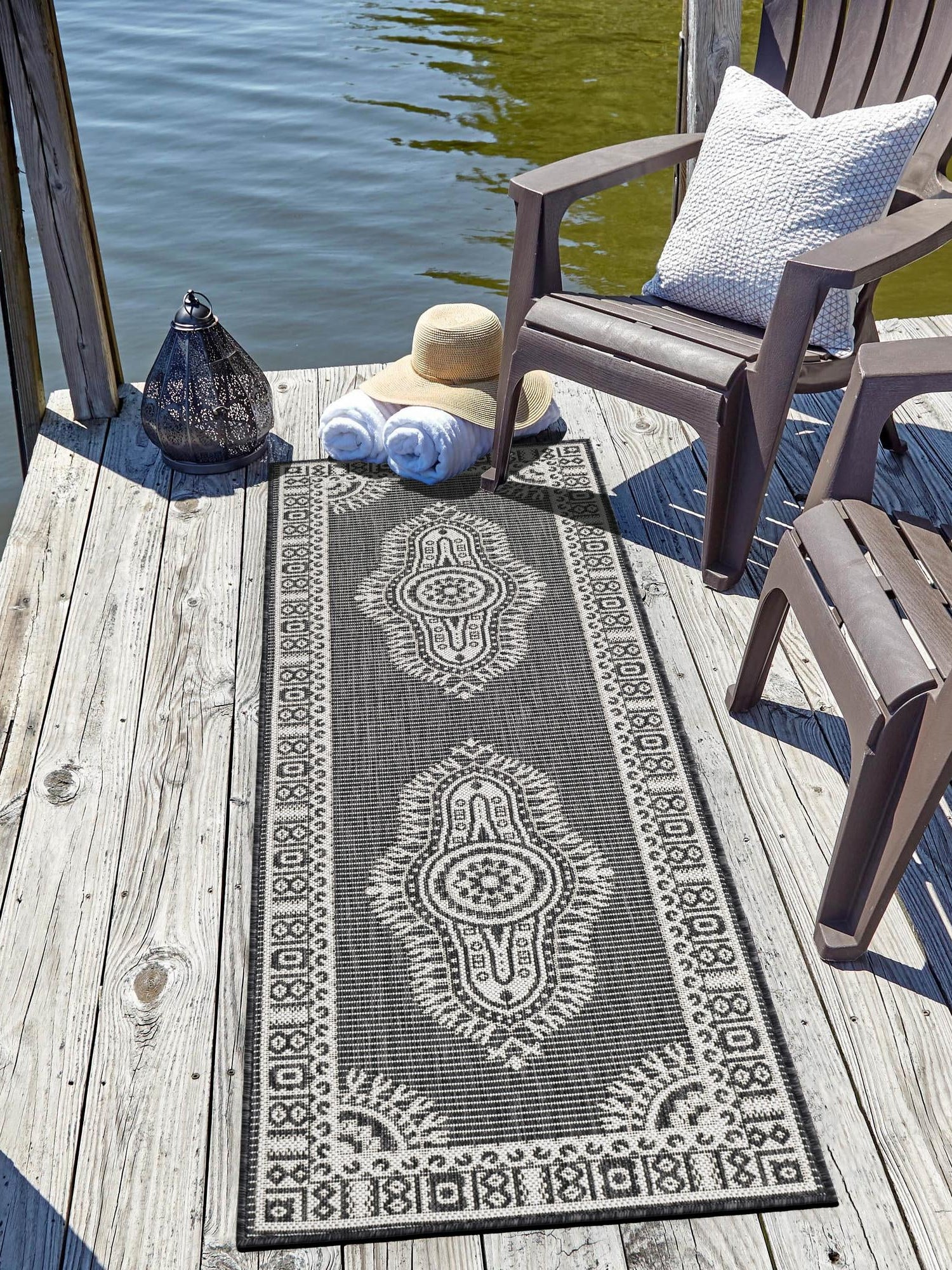 Black and White 2' x 6' 1 Outdoor Traditional Runner Area Rug Weather Resistant for Patio, Deck, Terrace, Balcony, Porch Classical Design Outside Carpet for Sale at Rug Engine