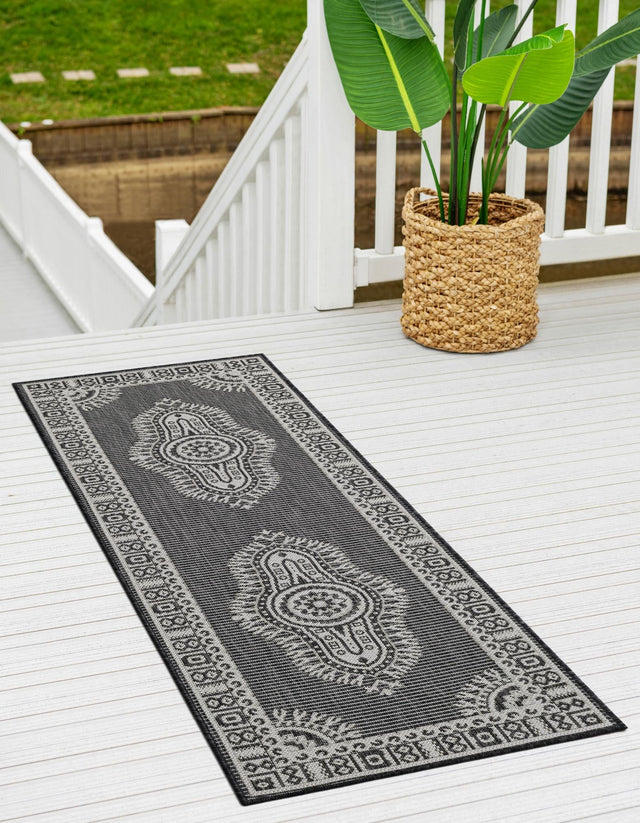 Black and White 2' x 6' 1 Outdoor Traditional Runner Area Rug Weather Resistant for Patio, Deck, Terrace, Balcony, Porch Classical Design Outside Carpet for Sale at Rug Engine