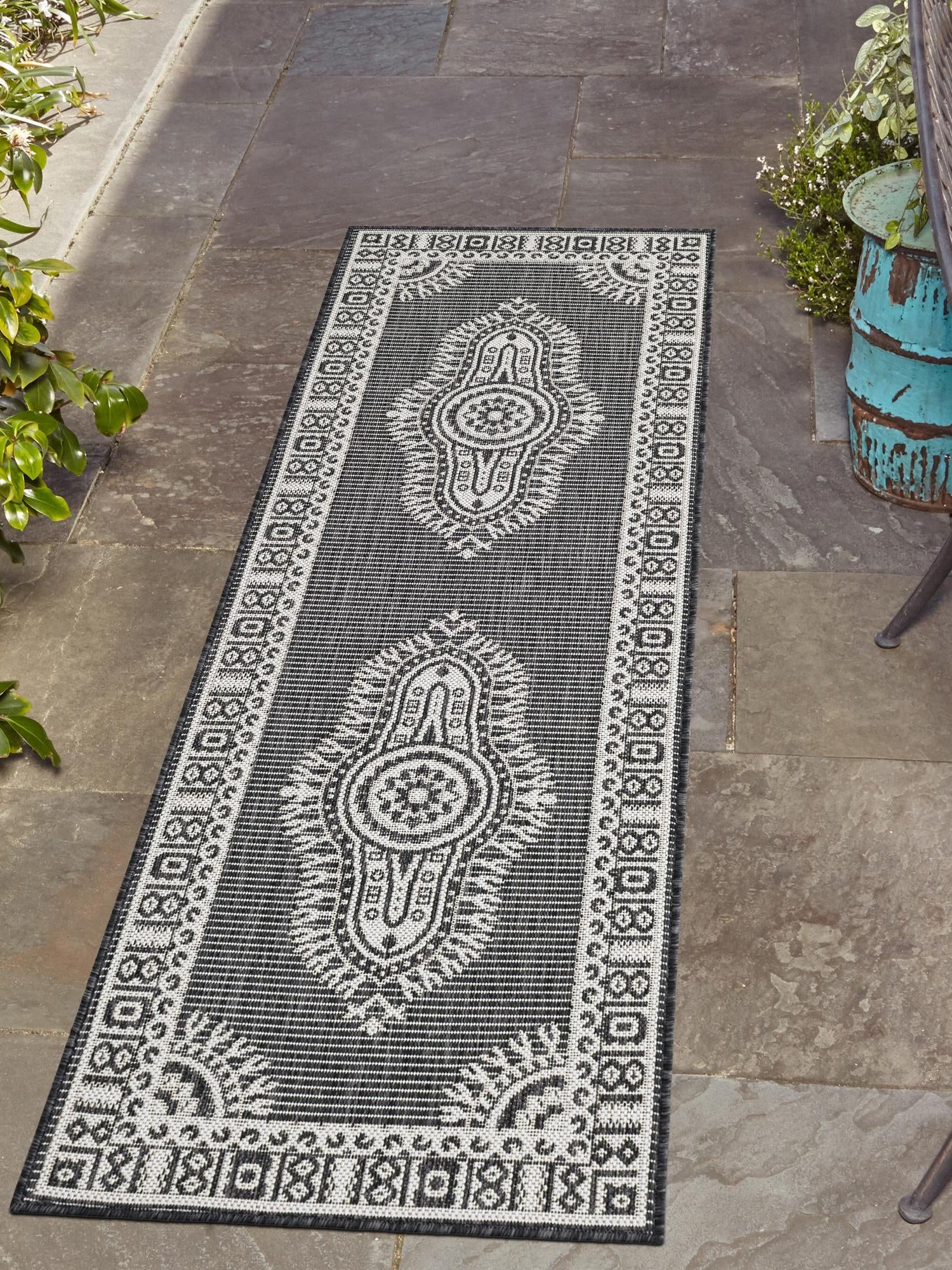 Black and White 2' 7 x 12' Outdoor Traditional Runner Area Rug Weather Resistant for Patio, Deck, Terrace, Balcony, Porch Classical Design Outside Carpet for Sale at Rug Engine