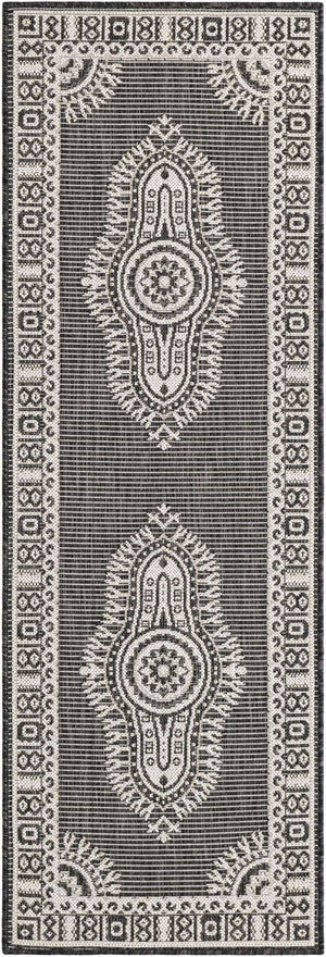 Black and White 2' x 6' 1 Outdoor Traditional Runner Area Rug Weather Resistant for Patio, Deck, Terrace, Balcony, Porch Classical Design Outside Carpet for Sale at Rug Engine