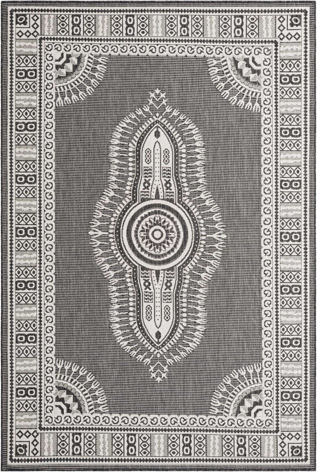Black and White 6' 1 x 9' Outdoor Traditional Rectangle Area Rug Weather Resistant for Patio, Deck, Terrace, Balcony, Porch Classical Design Outside Carpet for Sale at Rug Engine
