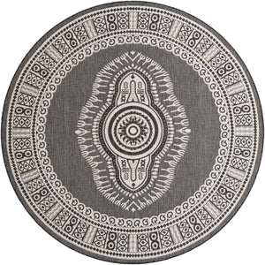 Black and White 7' 10 x 7' 10 Outdoor Traditional Round Area Rug Weather Resistant for Patio, Deck, Terrace, Balcony, Porch Classical Design Outside Carpet for Sale at Rug Engine