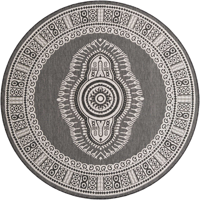 Black and White 7' 10 x 7' 10 Outdoor Traditional Round Area Rug Weather Resistant for Patio, Deck, Terrace, Balcony, Porch Classical Design Outside Carpet for Sale at Rug Engine