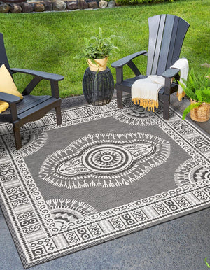 Black and White 7' 10 x 7' 10 Outdoor Traditional Square Area Rug Weather Resistant for Patio, Deck, Terrace, Balcony, Porch Classical Design Outside Carpet for Sale at Rug Engine