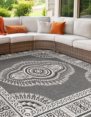 Black and White 7' 10 x 7' 10 Outdoor Traditional Square Area Rug Weather Resistant for Patio, Deck, Terrace, Balcony, Porch Classical Design Outside Carpet for Sale at Rug Engine