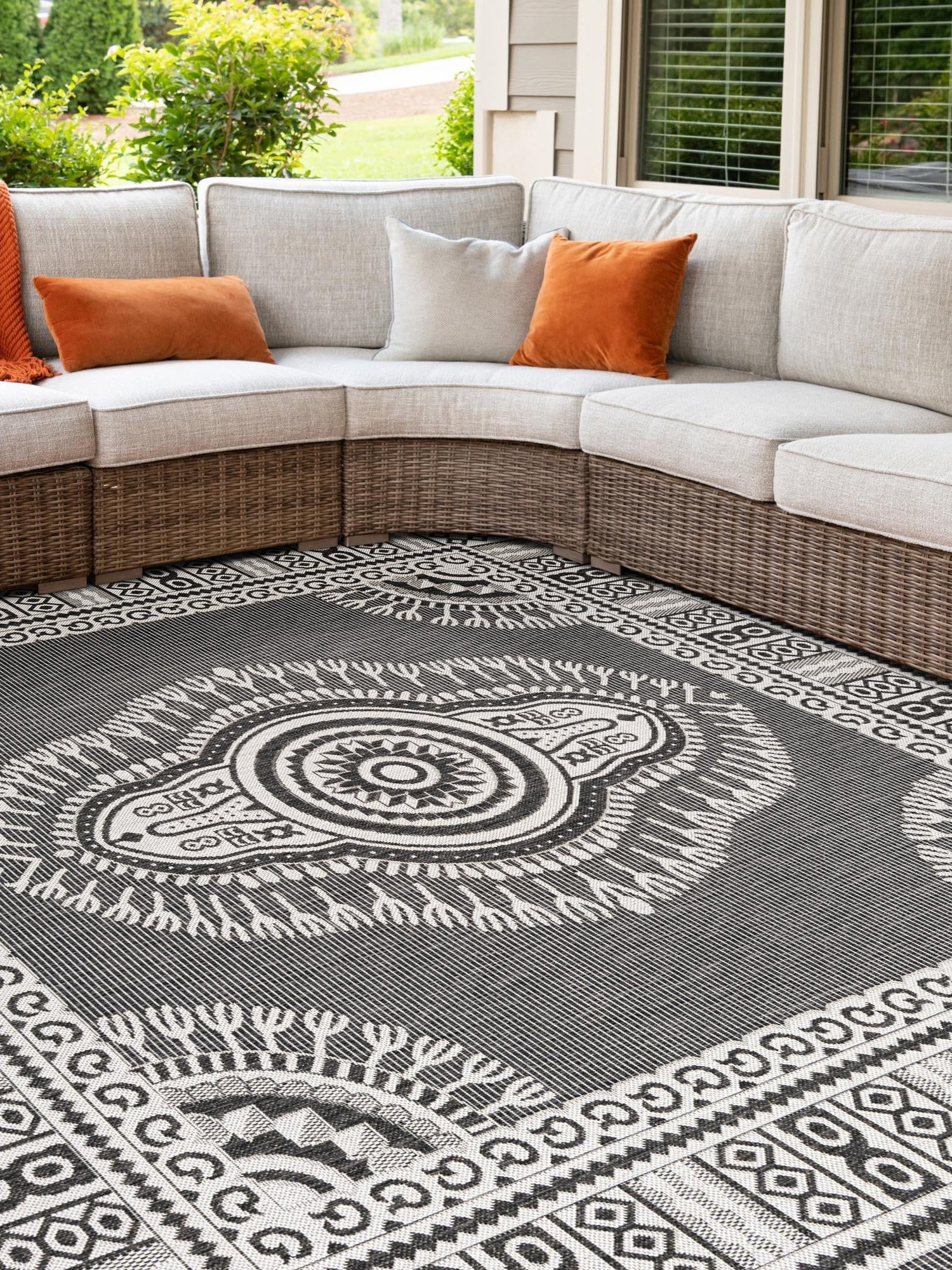 Black and White 10' x 10' Outdoor Traditional Square Area Rug Weather Resistant for Patio, Deck, Terrace, Balcony, Porch Classical Design Outside Carpet for Sale at Rug Engine