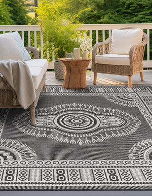 Black and White 10' x 10' Outdoor Traditional Square Area Rug Weather Resistant for Patio, Deck, Terrace, Balcony, Porch Classical Design Outside Carpet for Sale at Rug Engine