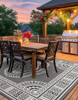 Black and White 7' 10 x 7' 10 Outdoor Traditional Square Area Rug Weather Resistant for Patio, Deck, Terrace, Balcony, Porch Classical Design Outside Carpet for Sale at Rug Engine