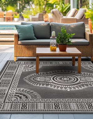 Black and White 10' x 10' Outdoor Traditional Square Area Rug Weather Resistant for Patio, Deck, Terrace, Balcony, Porch Classical Design Outside Carpet for Sale at Rug Engine