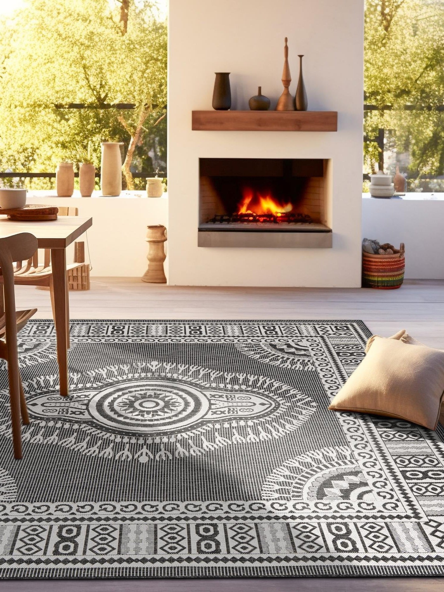 Black and White 12' x 12' Outdoor Traditional Square Area Rug Weather Resistant for Patio, Deck, Terrace, Balcony, Porch Classical Design Outside Carpet for Sale at Rug Engine