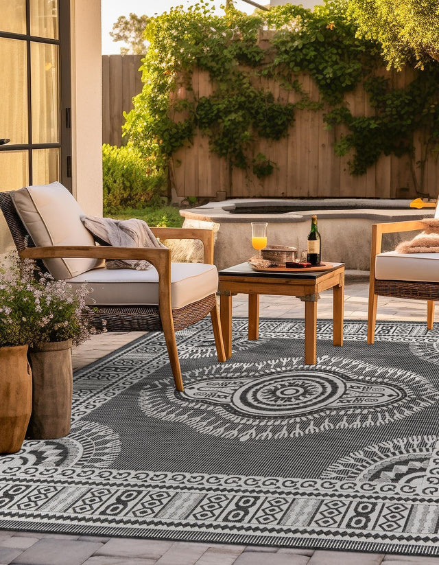 Black and White 7' 10 x 7' 10 Outdoor Traditional Square Area Rug Weather Resistant for Patio, Deck, Terrace, Balcony, Porch Classical Design Outside Carpet for Sale at Rug Engine