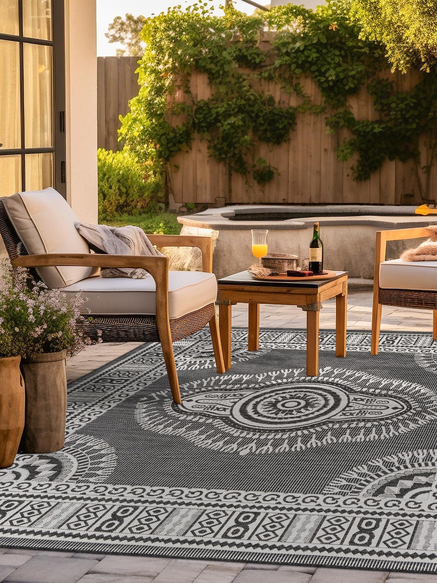 Black and White 12' x 12' Outdoor Traditional Square Area Rug Weather Resistant for Patio, Deck, Terrace, Balcony, Porch Classical Design Outside Carpet for Sale at Rug Engine