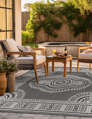 Black and White 12' x 12' Outdoor Traditional Square Area Rug Weather Resistant for Patio, Deck, Terrace, Balcony, Porch Classical Design Outside Carpet for Sale at Rug Engine