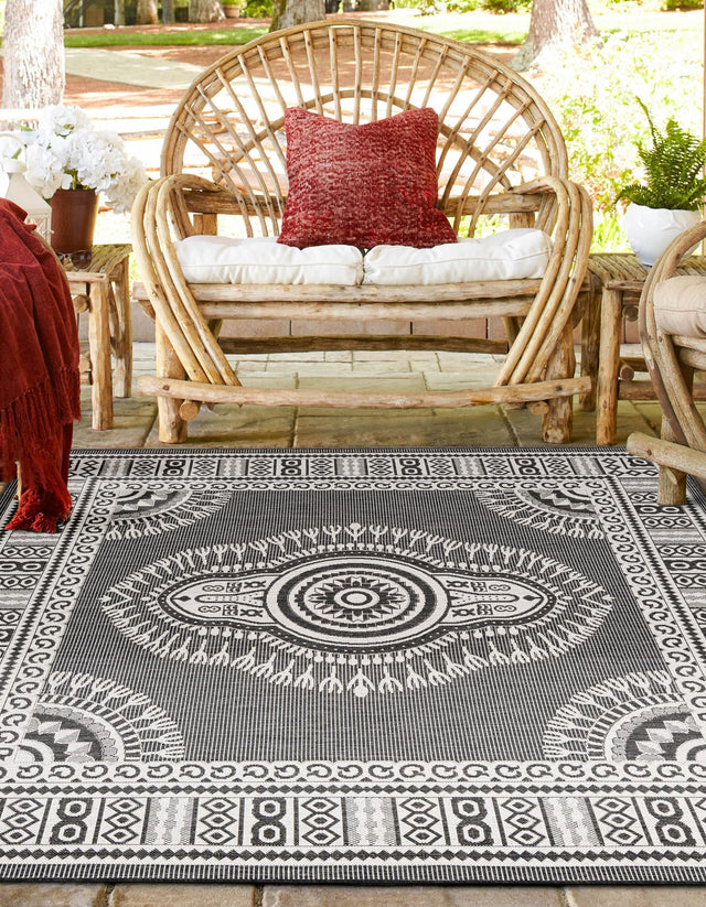 Black and White 7' 10 x 7' 10 Outdoor Traditional Square Area Rug Weather Resistant for Patio, Deck, Terrace, Balcony, Porch Classical Design Outside Carpet for Sale at Rug Engine