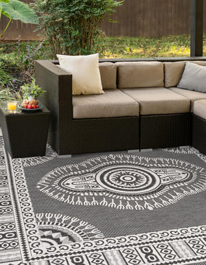 Black and White 7' 10 x 7' 10 Outdoor Traditional Square Area Rug Weather Resistant for Patio, Deck, Terrace, Balcony, Porch Classical Design Outside Carpet for Sale at Rug Engine