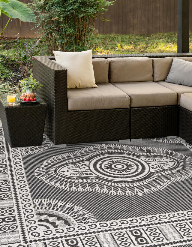 Black and White 7' 10 x 7' 10 Outdoor Traditional Square Area Rug Weather Resistant for Patio, Deck, Terrace, Balcony, Porch Classical Design Outside Carpet for Sale at Rug Engine