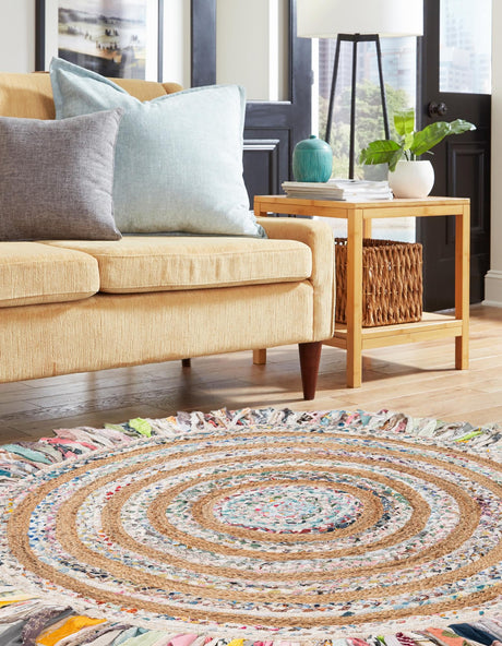 Multicolor White 2' x 2' Chindi Jute Round Rug