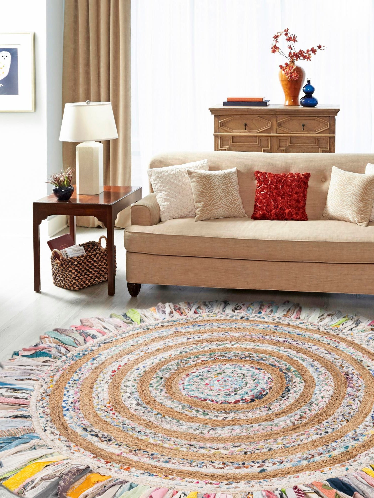 Multicolor White 6' 1 x 6' 1 Chindi Jute Round Area Rug Interior Design Home Decor Carpet Mat for Sale at Rug Engine