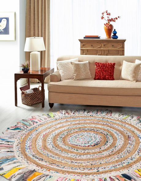 Multicolor White 5' 1 x 5' 1 Chindi Jute Round Area Rug Interior Design Home Decor Carpet Mat for Sale at Rug Engine