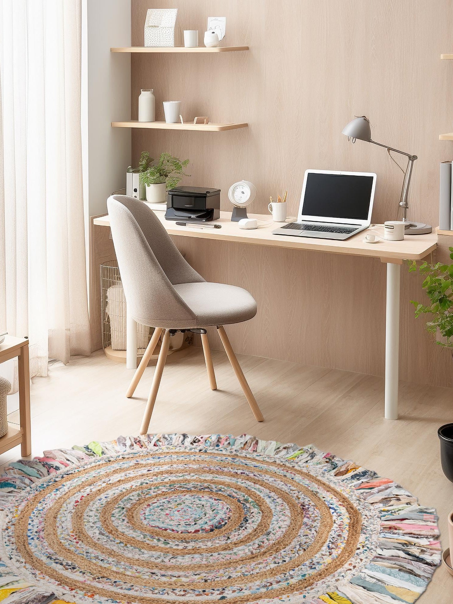 Multicolor White 3' 1 x 3' 1 Chindi Jute Round Area Rug Interior Design Home Decor Carpet Mat for Sale at Rug Engine