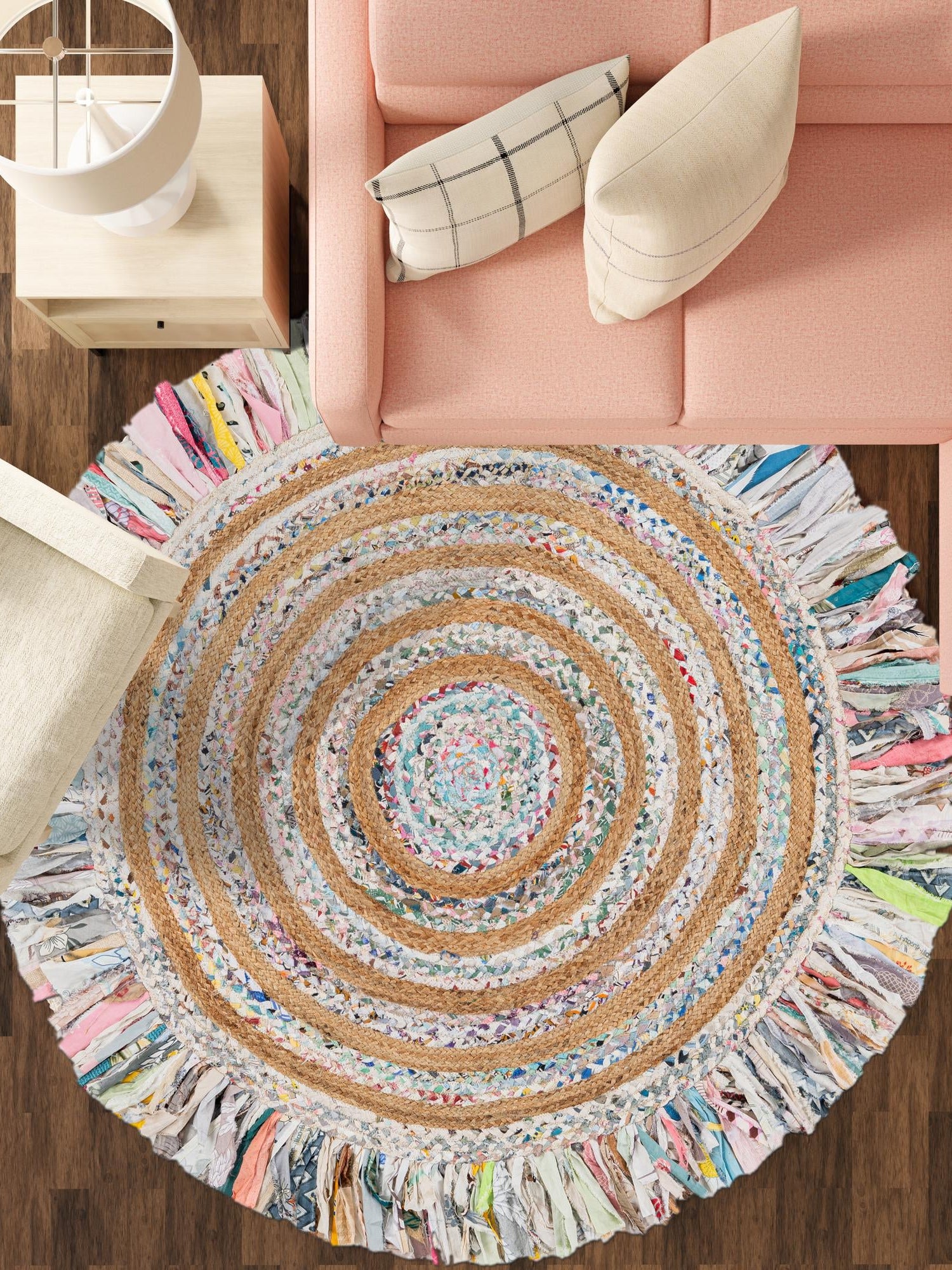 Multicolor White 10' x 10' Chindi Jute Round Area Rug Interior Design Home Decor Carpet Mat for Sale at Rug Engine