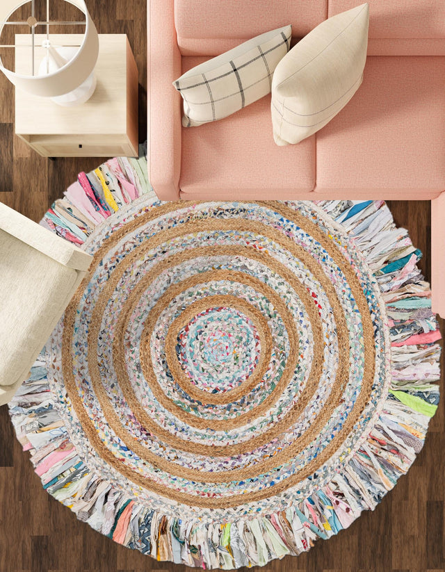 Multicolor White 10' x 10' Chindi Jute Round Rug