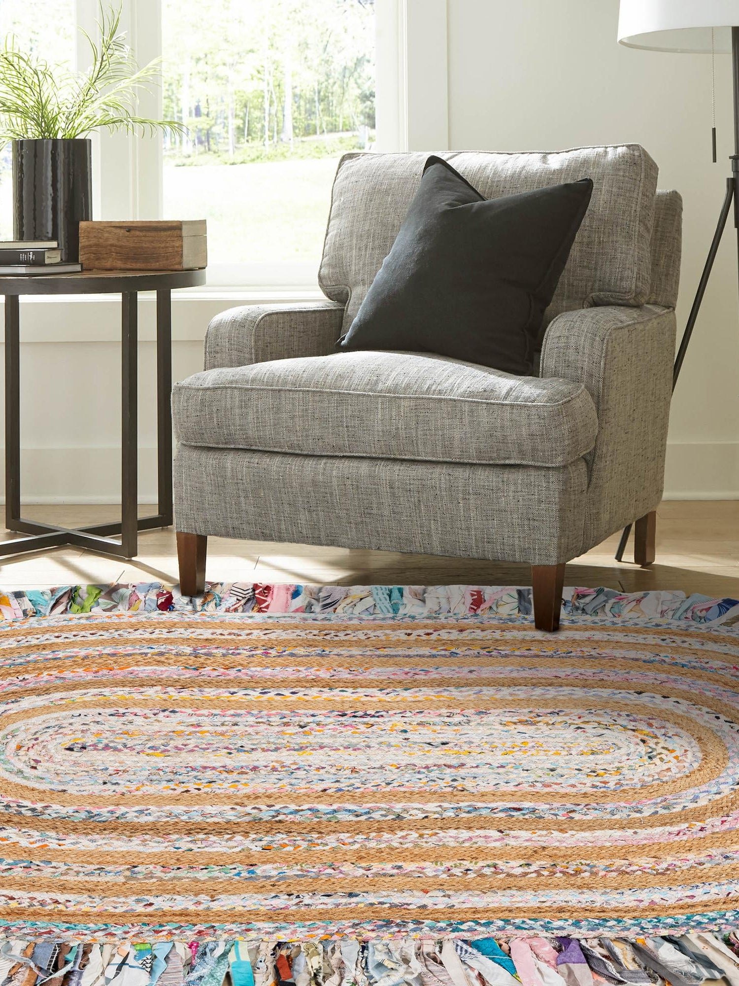 Multicolor White 2' x 3' 1 Chindi Jute Oval Area Rug Interior Design Home Decor Carpet Mat for Sale at Rug Engine