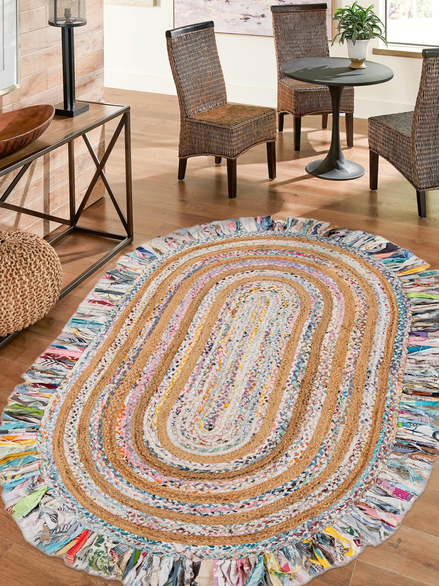 Multicolor White 2' x 3' 1 Chindi Jute Oval Area Rug Interior Design Home Decor Carpet Mat for Sale at Rug Engine