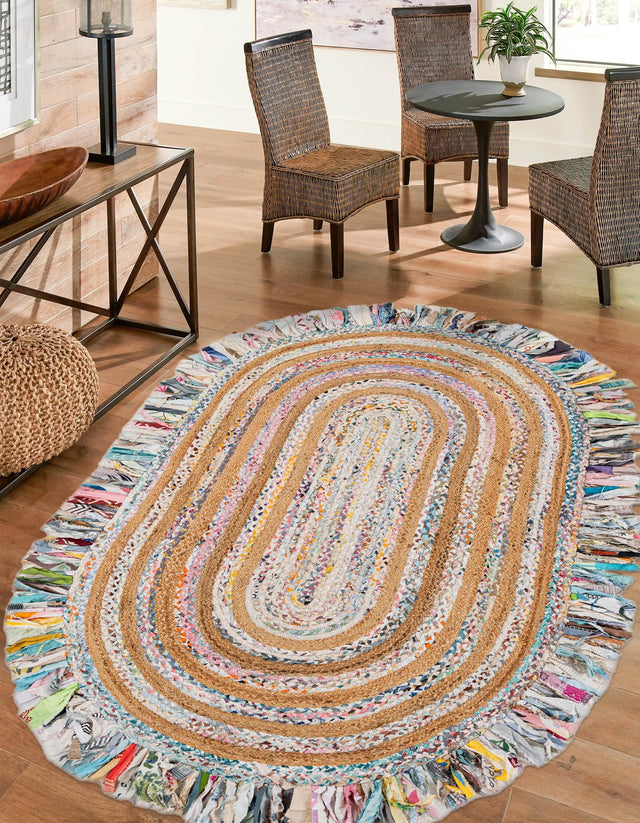 Multicolor White 4' 1 x 6' 1 Chindi Jute Oval Rug