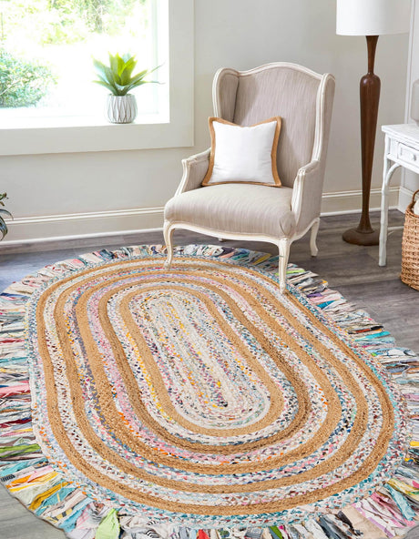 Multicolor White 7' 10 x 10' Chindi Jute Oval Area Rug Interior Design Home Decor Carpet Mat for Sale at Rug Engine