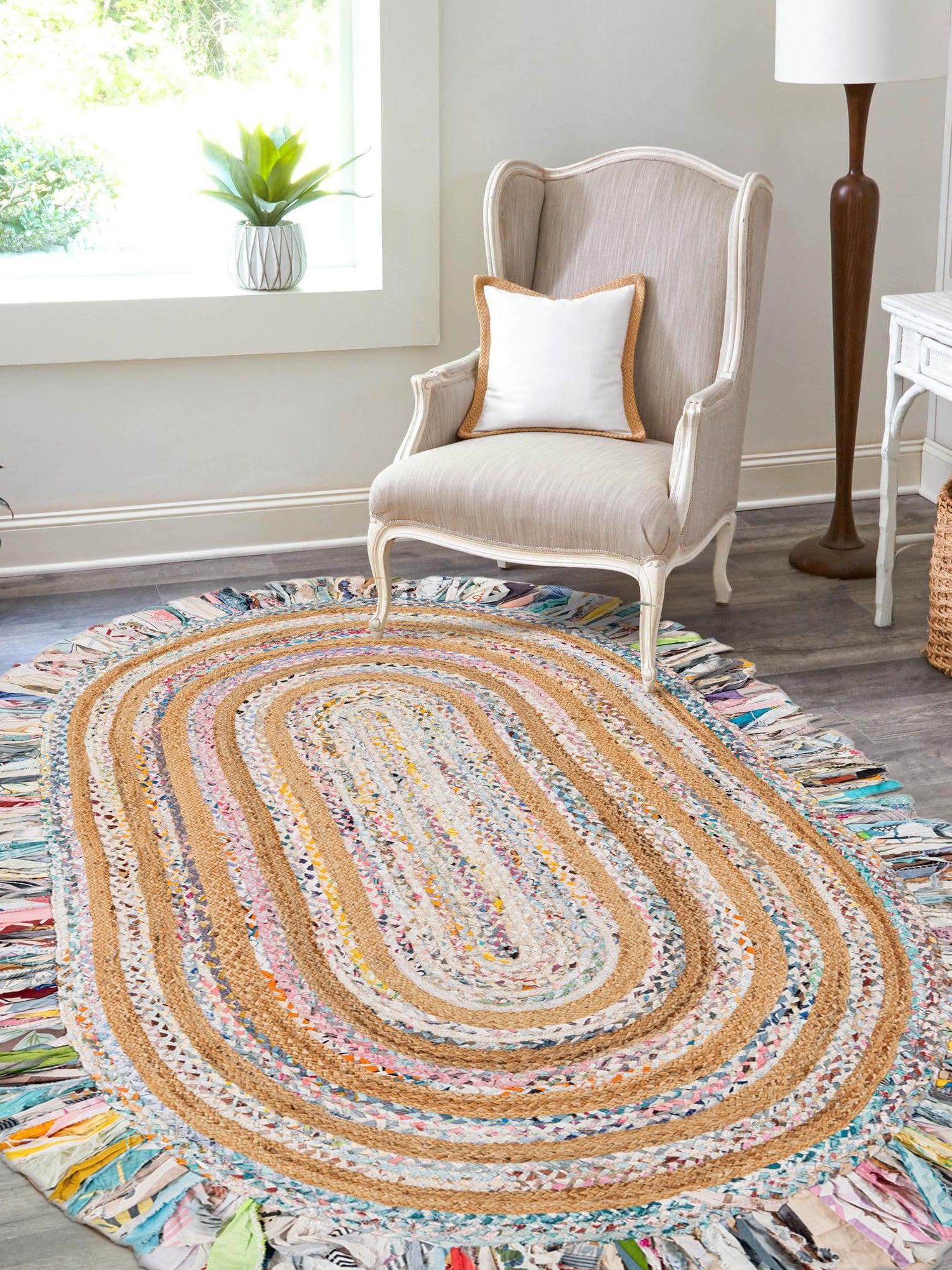 Multicolor White 2' x 3' 1 Chindi Jute Oval Area Rug Interior Design Home Decor Carpet Mat for Sale at Rug Engine