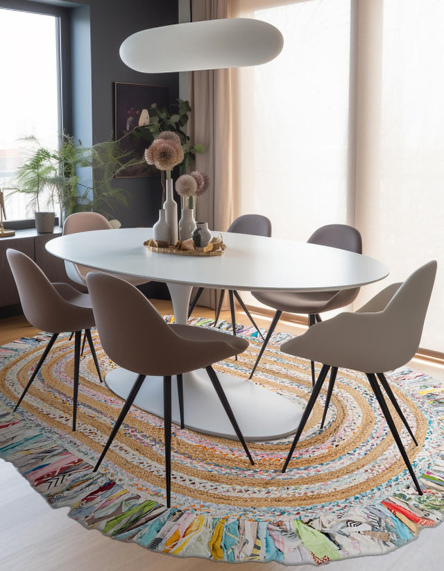 Multicolor White 5' 1 x 8' Chindi Jute Oval Rug