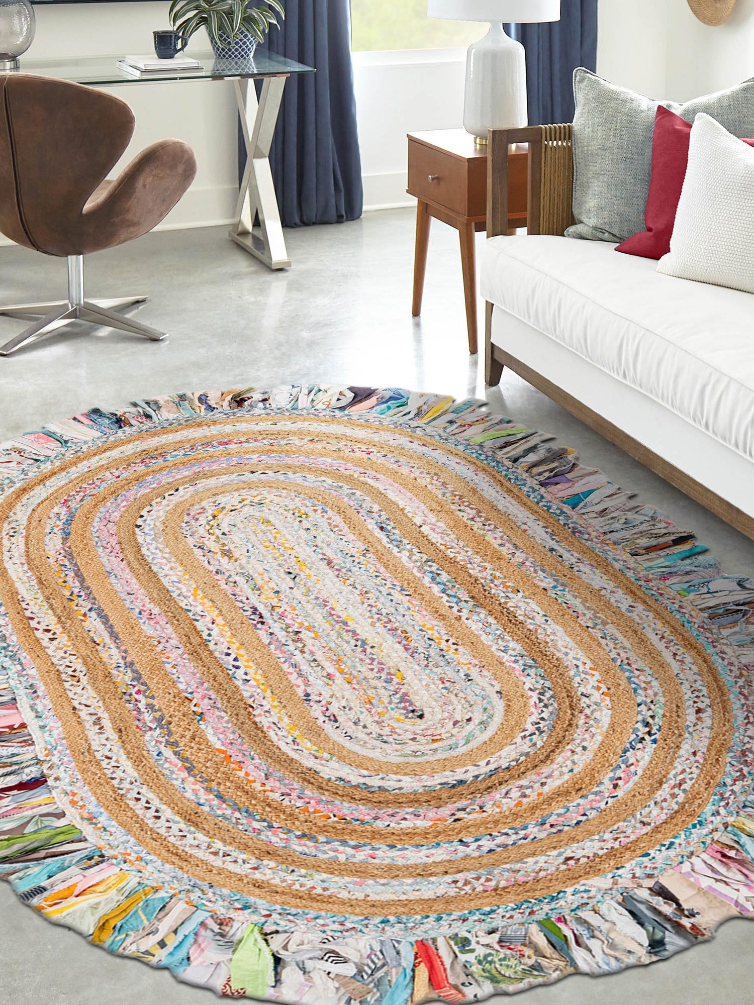 Multicolor White 5' 1 x 8' Chindi Jute Oval Area Rug Interior Design Home Decor Carpet Mat for Sale at Rug Engine