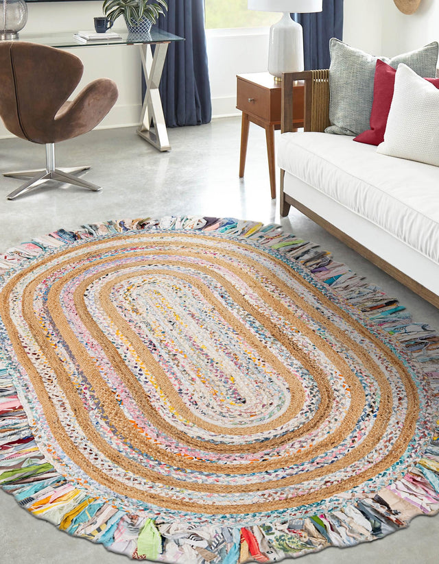 Multicolor White 5' 1 x 8' Chindi Jute Oval Rug