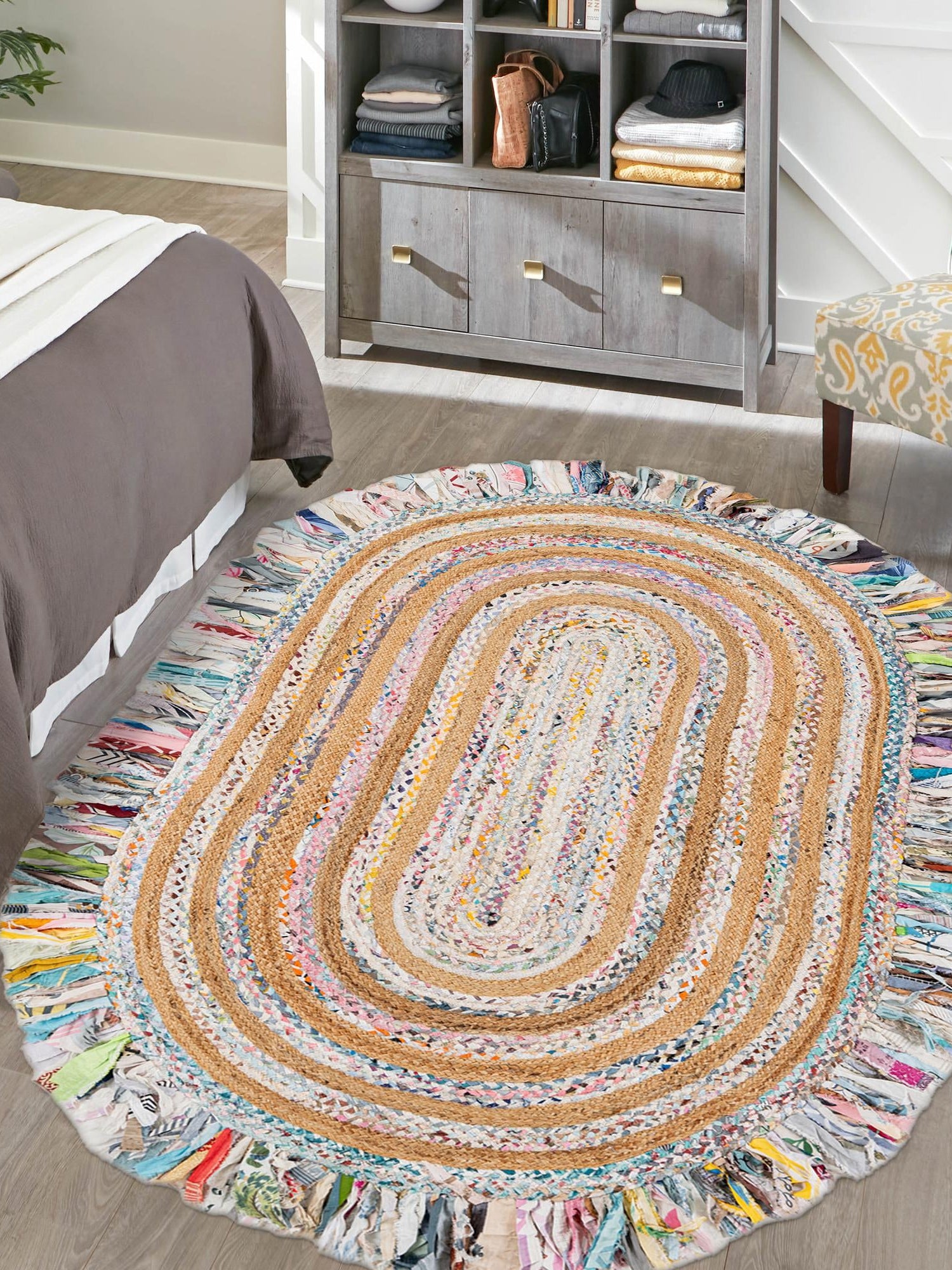 Multicolor White 4' 1 x 6' 1 Chindi Jute Oval Area Rug Interior Design Home Decor Carpet Mat for Sale at Rug Engine