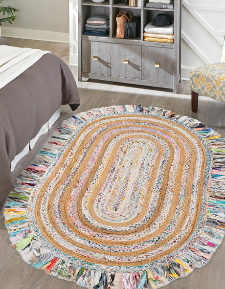 Multicolor White 5' 1 x 8' Chindi Jute Oval Area Rug Interior Design Home Decor Carpet Mat for Sale at Rug Engine
