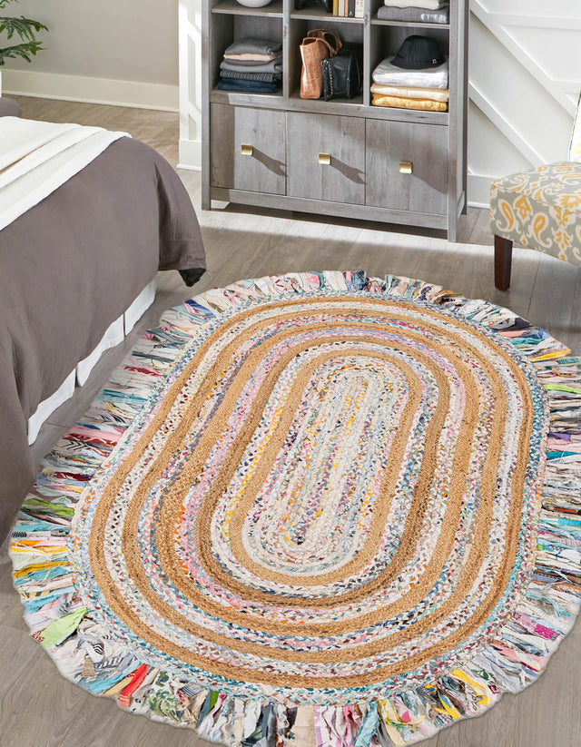 Multicolor White 5' 1 x 8' Chindi Jute Oval Rug