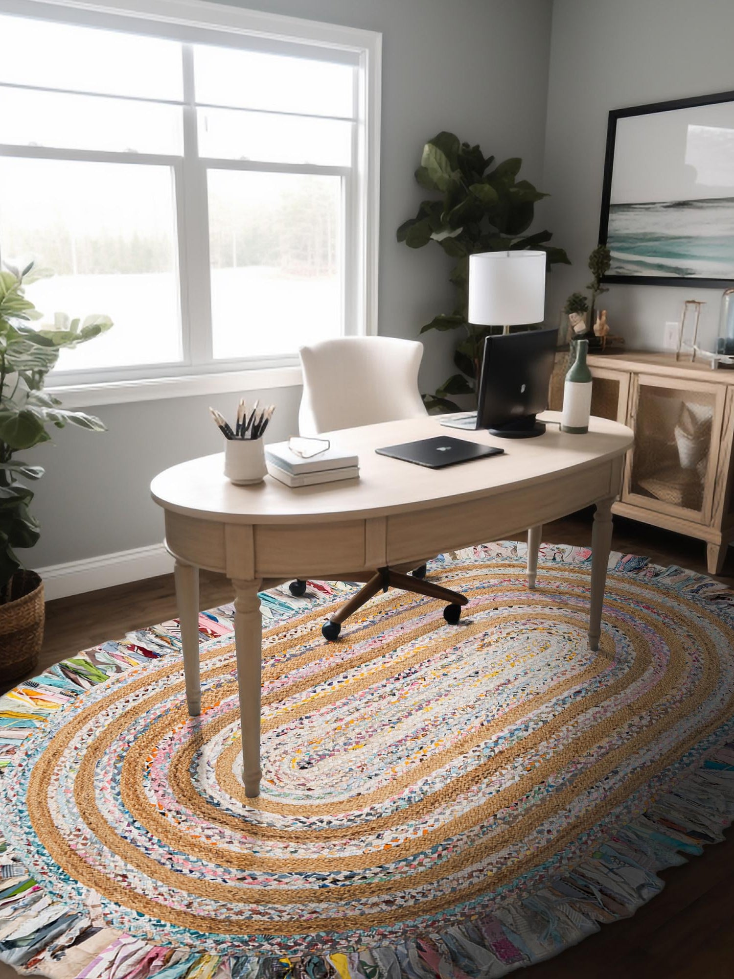 Multicolor White 5' 1 x 8' Chindi Jute Oval Area Rug Interior Design Home Decor Carpet Mat for Sale at Rug Engine