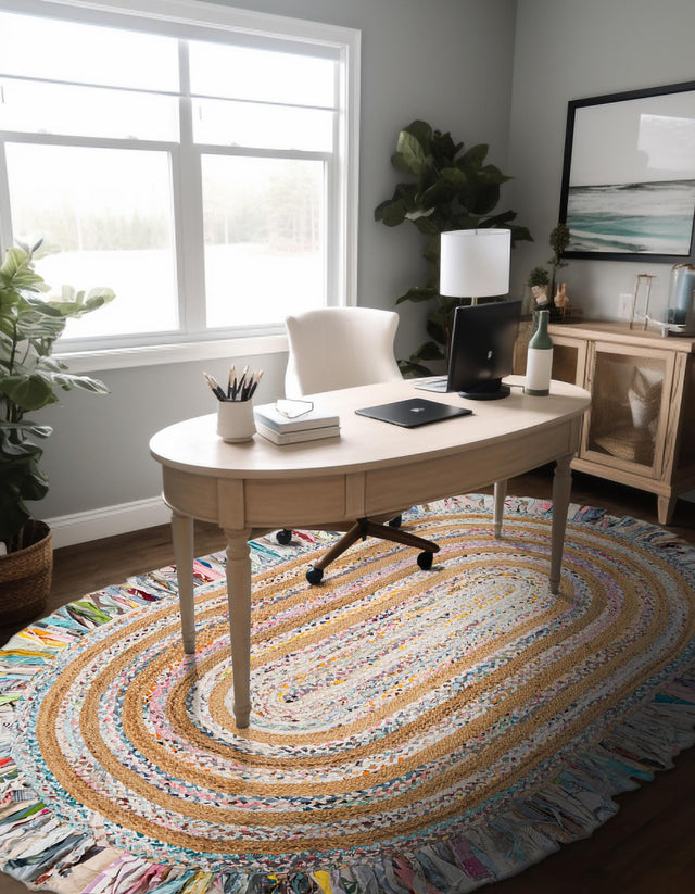 Multicolor White 5' 1 x 8' Chindi Jute Oval Rug