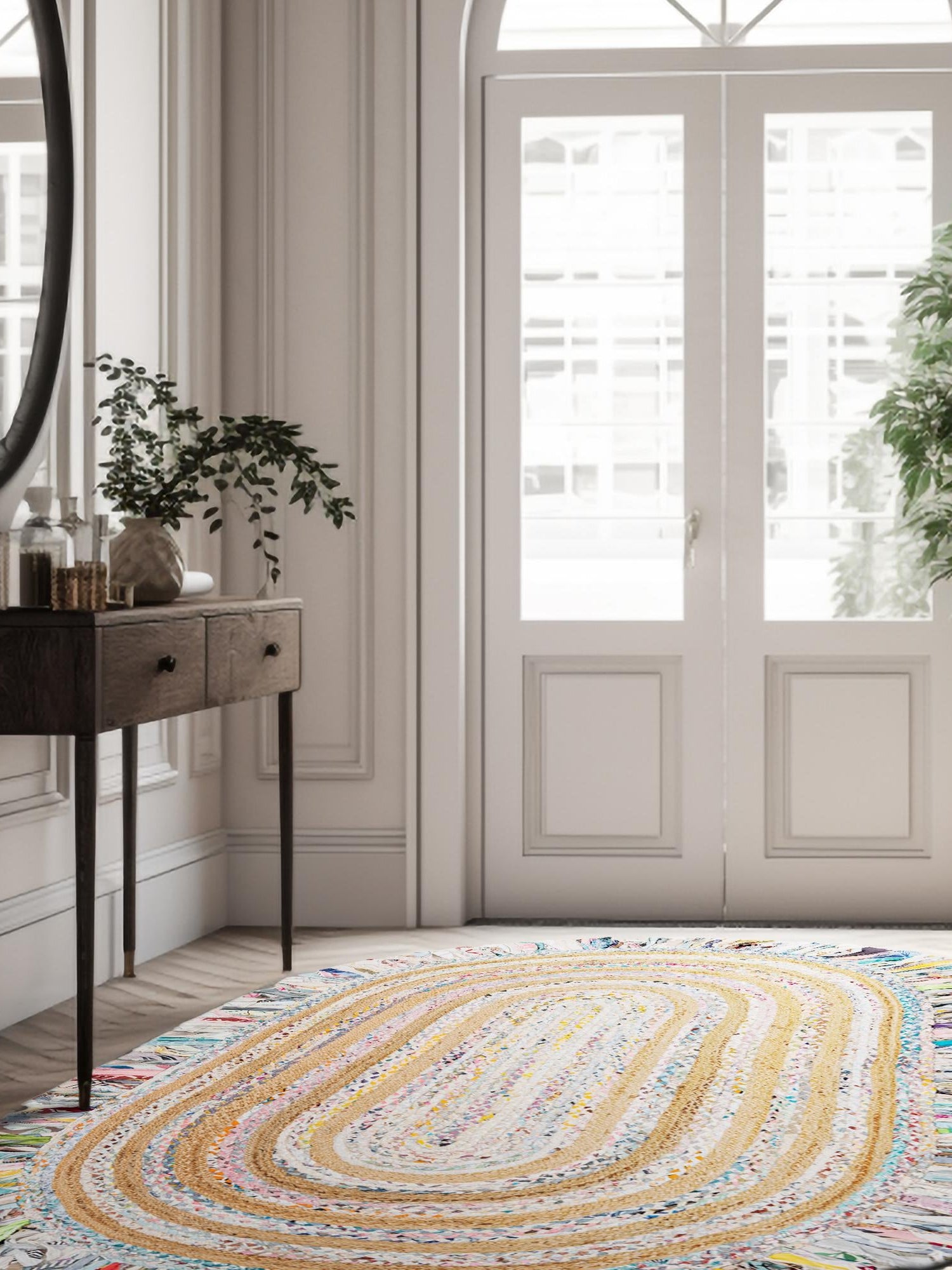 Multicolor White 2' x 3' 1 Chindi Jute Oval Area Rug Interior Design Home Decor Carpet Mat for Sale at Rug Engine