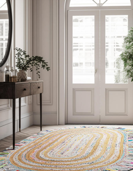 Multicolor White 2' x 3' 1 Chindi Jute Oval Area Rug Interior Design Home Decor Carpet Mat for Sale at Rug Engine