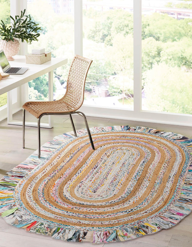 Multicolor White 4' 1 x 6' 1 Chindi Jute Oval Rug