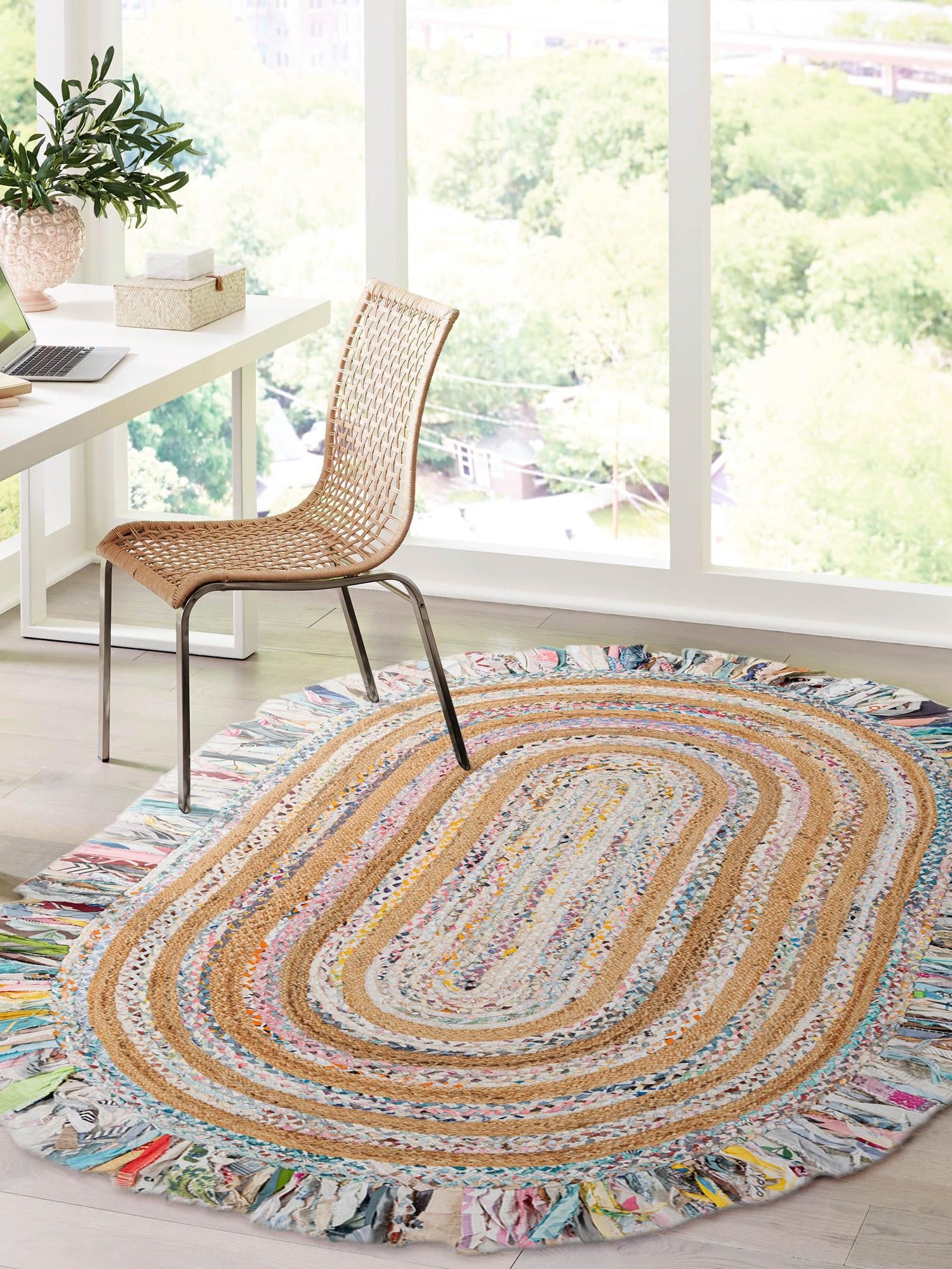 Multicolor White 5' 1 x 8' Chindi Jute Oval Area Rug Interior Design Home Decor Carpet Mat for Sale at Rug Engine