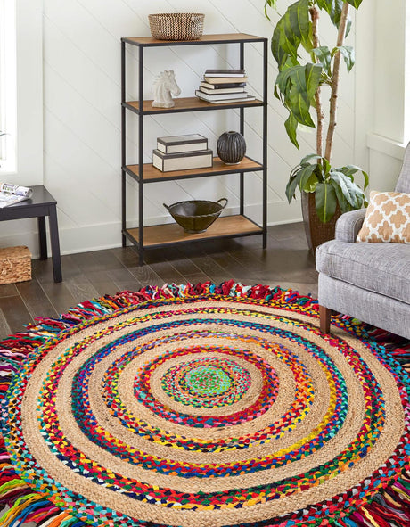 Multicolor 6' 1 x 6' 1 Chindi Jute Round Rug